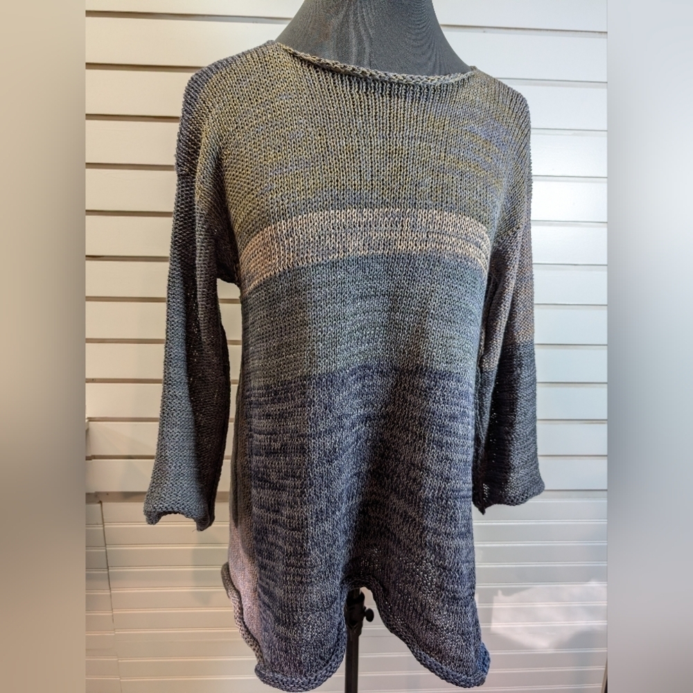SKIFO SKIF Handknit Sweater Lagenlook Drapey Green/Blue Luxury Boho Unique M EUC